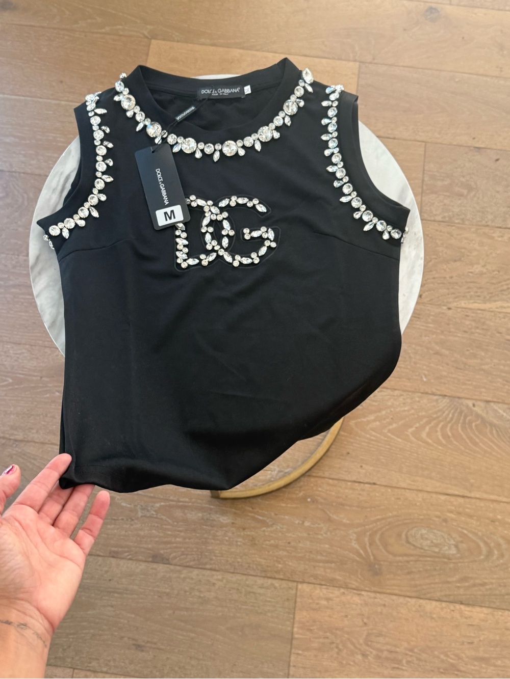 Dolce & Gabbana Black Jewel-Embellished Sleeveless Logo Tank
